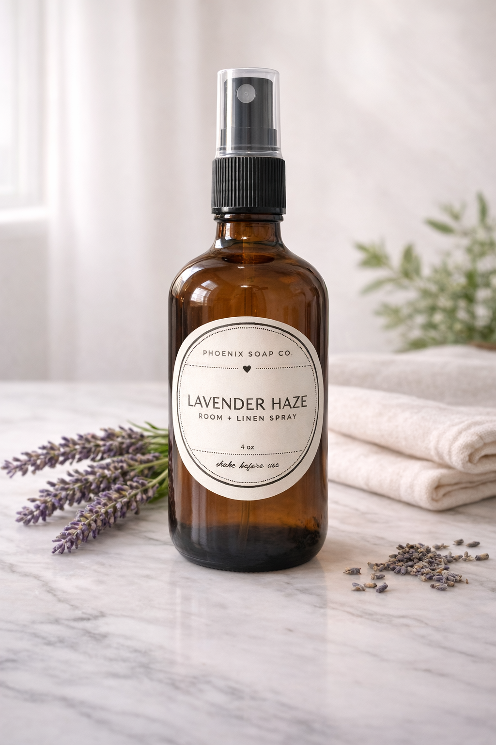 Brown bottle of Lavender Haze room spray with a label on a marble surface with lavender flowers and towels